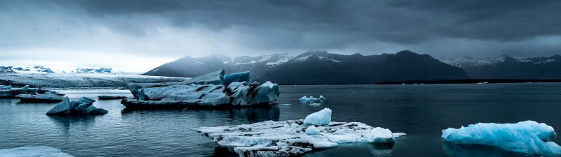 Glacial lake, Frozen lake, Winter, Cloudy Sky, Cold, Mountains, Iceland