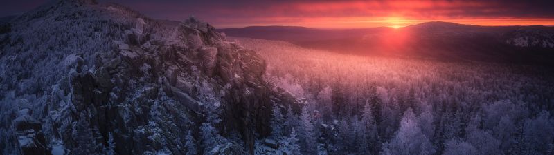 Ural Mountains, Sunset, Mountain range, Winter forest, 5K