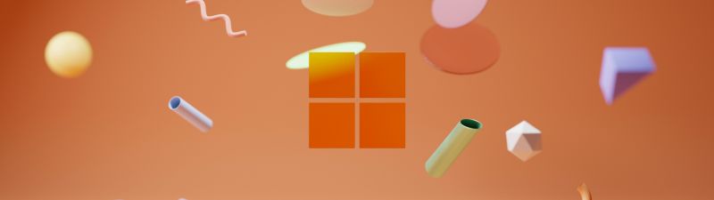 Windows 11, Orange background, Floating objects, Shapes, Windows logo