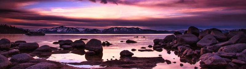 Lake Tahoe, Zephyr Cove, Sierra Nevada mountains, Twilight, Sunset, Landscape, United States, 5K