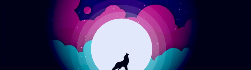 Wolf, Howling, Moon, Silhouette, Colorful gradients, Black background, Simple