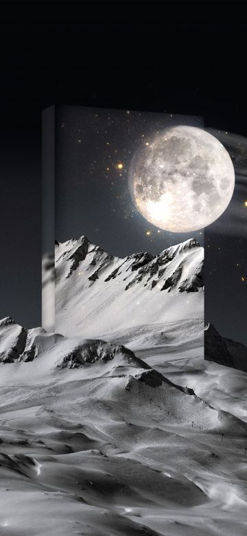 Moon, Cold night, Snow mountains, Magical, Surreal