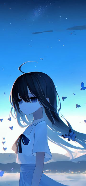 Sad girl, Anime girl, Mood, Butterflies, Surreal, Lonely, Blue background, 5K