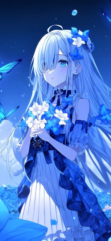 Anime girl, Beautiful, Butterflies, Blue background, 5K