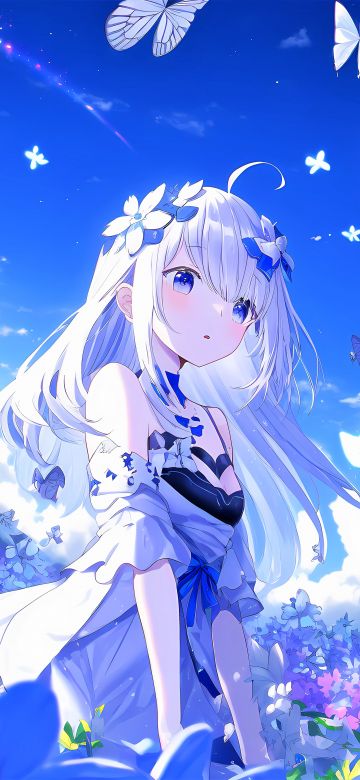 Teen, Anime girl, Dream, Butterflies, Blue background, Blue Sky, 5K