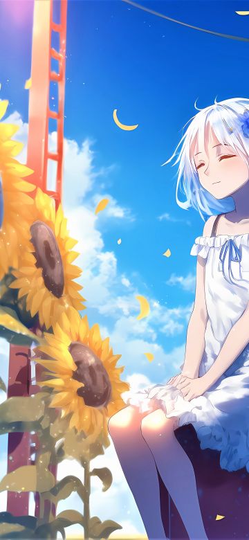 Happy girl, Sunflowers, Anime girl, Sunny day, 5K