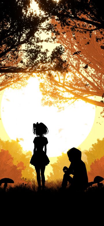 Girl, Boy, Couple, Silhouette, Sunset, Forest, 5K, Simple