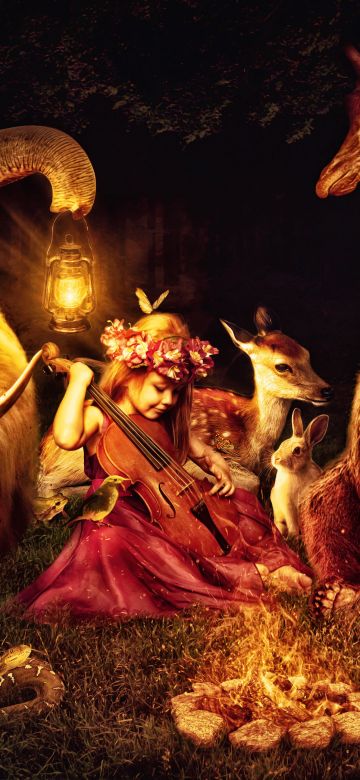 Little girl, Playing violin, Midnight, Bear, Fox, Giraffe, Deer, Forest, Rabbit, Surreal, Dream