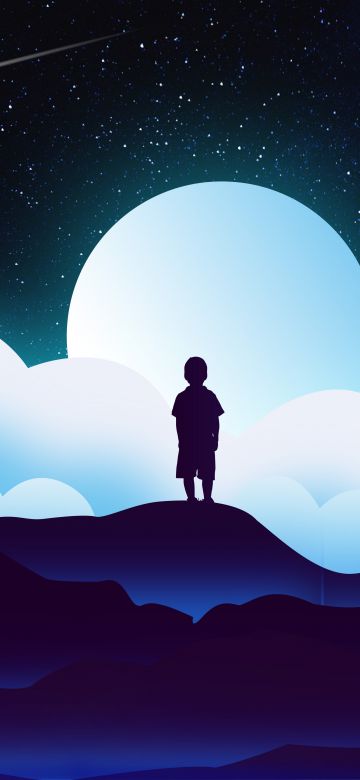 Boy, Silhouette, Kid, Alone, Moon, Night, Clouds, Illustration, Starry sky, 5K