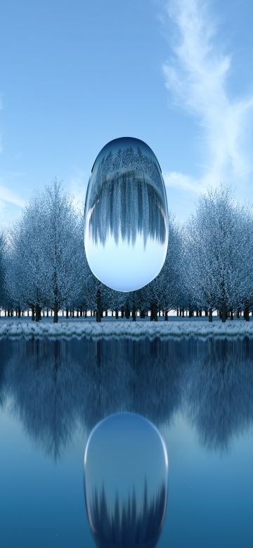 Surreal, Winter, Frozen trees, Reflection, Lake, 3D, Glass, 5K, Cold, Aesthetic