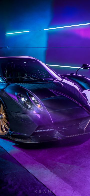 Pagani Huayra Roadster, Sports cars, Neon background, 5K, Purple aesthetic, Purple background