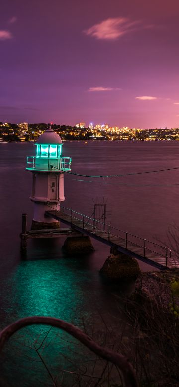 Sydney Harbour, Lighthouse, Australia, Dusk, City lights, Night City, 5K