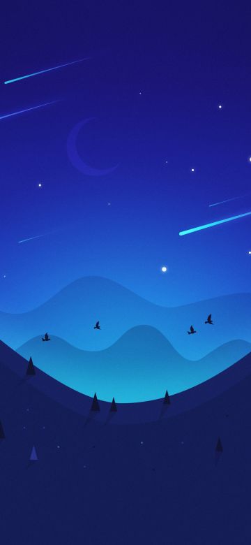 Landscape, Night, Moon, Falling stars, Mountains, Blue, Illustration, Aesthetic, Shooting stars