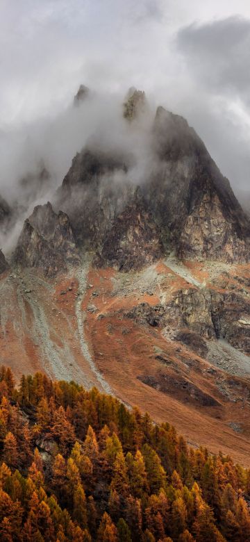 Mountains, Forest, Autumn, Foggy, Peak, Grisons, Switzerland, 5K