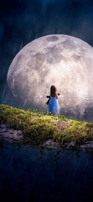 Moon, Cute Girl, Adorable, Surreal, Alone