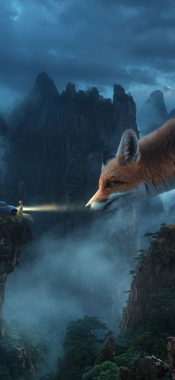 Fox, Dream, Surreal, Foggy, Mountains, Woman, Manipulation