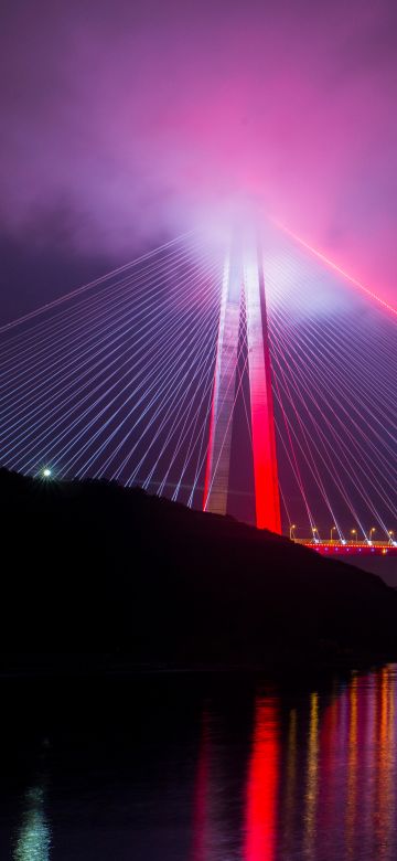 Yavuz Sultan Selim Bridge, Istanbul, Turkey, 5K, Night lights, Reflection