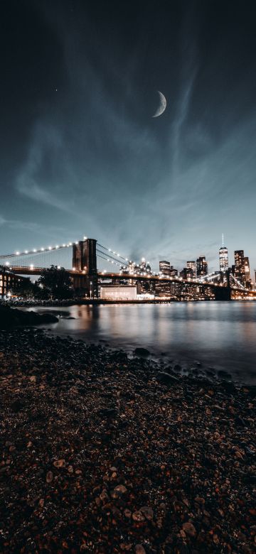 Brooklyn Bridge, New York City, Night City, City lights, USA, Reflection, Crescent Moon, Cityscape