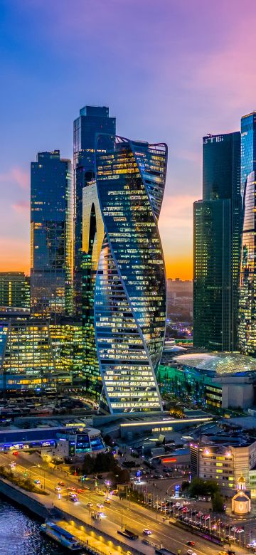 Moscow, Russia, Moscow City, Cityscape, City lights, Evening, 5K, Skyscrapers