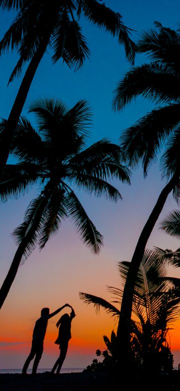 Couple, Tropical beach, Romantic, Sunset, Twilight, Palm trees, Maldives