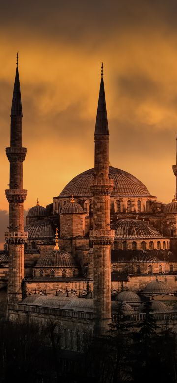 Blue Mosque, Sultan Ahmed Mosque, Istanbul, Turkey, Ancient architecture, 5K, 8K, Sunset, Islamic, Spiritual