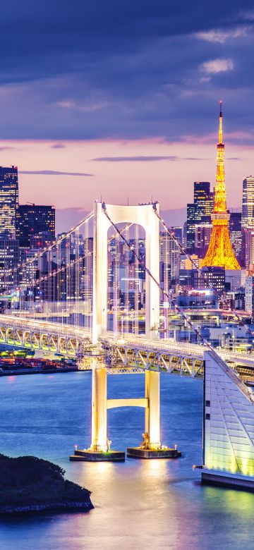 Rainbow Bridge, Illuminated, Tokyo, Japan, Twilight, Cityscape, City lights, 5K