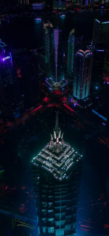 Skyscrapers, Shanghai, Cityscape, Skyline, Aerial view, Night, City lights