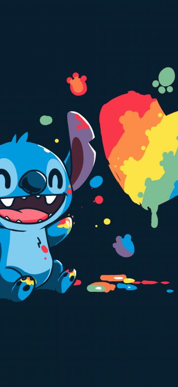 Stitch, Love heart, Illustration, Rainbow, Dark blue, Paint, 5K, 8K