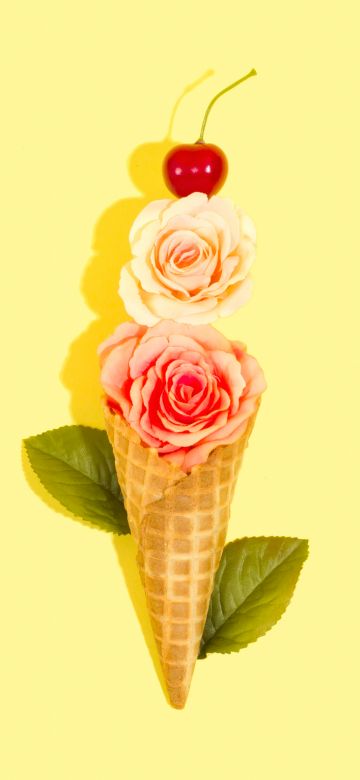 Rose flowers, Ice cream cone, Yellow background, Cherry fruits, Leaves, 5K