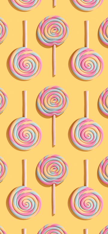 Lollipop, Pattern, Yellow background, Multicolor, Spiral, Aesthetic, 5K