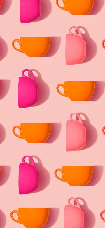 Tea cups, Pink cups, Orange cups, Rose background, Aesthetic, Pattern