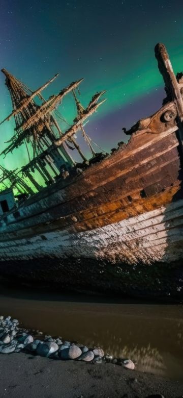 Abandoned, Ghost ship, Aurora, Shipwreck, Northern Lights, 5K, 8K