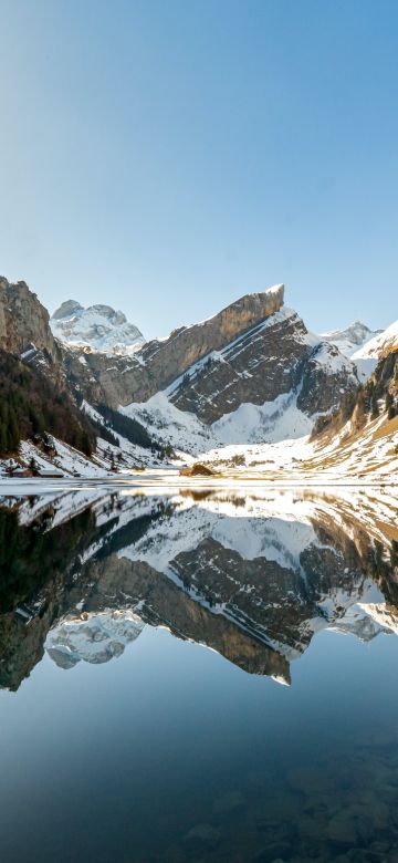 Seealpsee lake, Swiss Alps, Mountain range, Reflection, Daytime, Lake, Winter, Switzerland, 5K