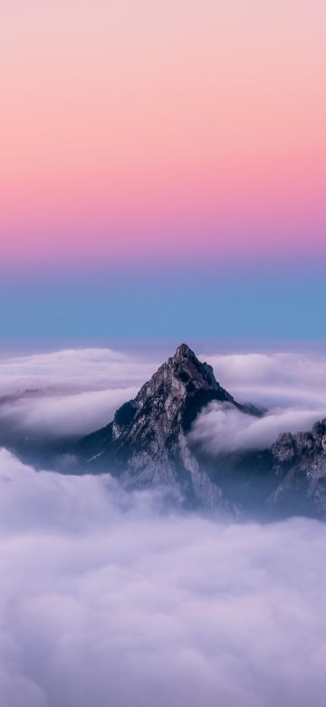 Mountain Peaks, Above clouds, Sunset, Dawn, 5K