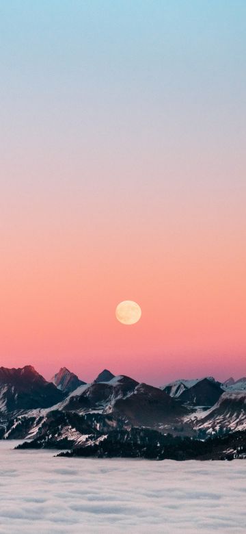 Fronalpstock mountains, Schweiz, Switzerland, Twilight, Moonrise, 5K