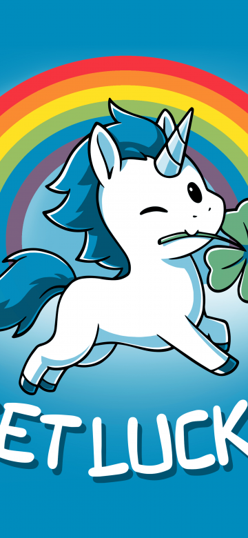 Get lucky, Unicorn, Rainbow, Blue background, 5K, 8K