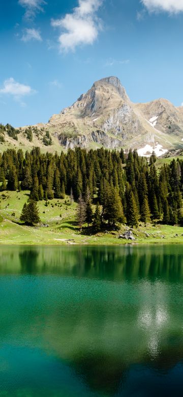 Gantrischseeli lake, Pine trees, Spring, Reflection, Mountain, Peak, Switzerland