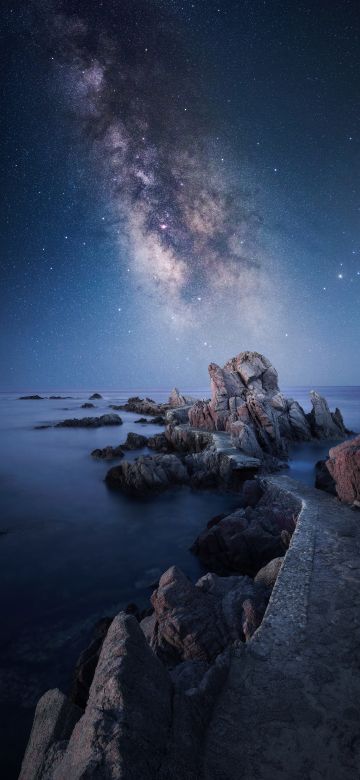 Seascape, Milky Way, Astrophotography, Night, Starry sky, Coast, Beach