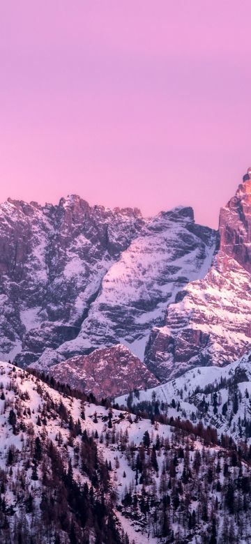 Mountain range, Italy, Pink sky, Winter, Sunrise, 5K