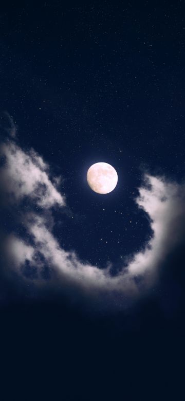 Full moon, Clouds, Night, Starry sky