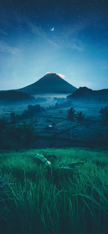 Mount Agung, Volcano, Rice fields, Bali, Indonesia, Crescent Moon, Starry sky, Night