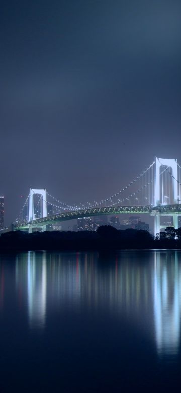 Rainbow Bridge, Tokyo, Japan, Night, City lights, Reflection, 5K, Suspension bridge