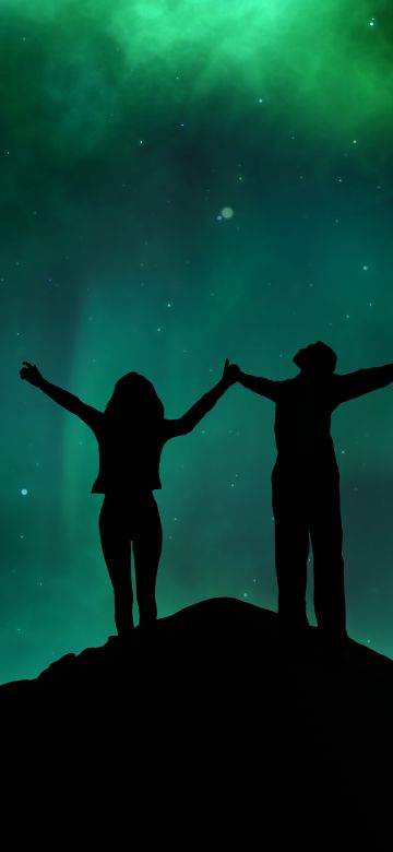 Love couple, Silhouette, Aurora sky, Night, 5K