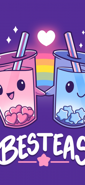 Kawaii bubble tea, Love hearts, Rainbow, Best friends, Cute cups, Purple background, Aesthetic, 8K, 5K