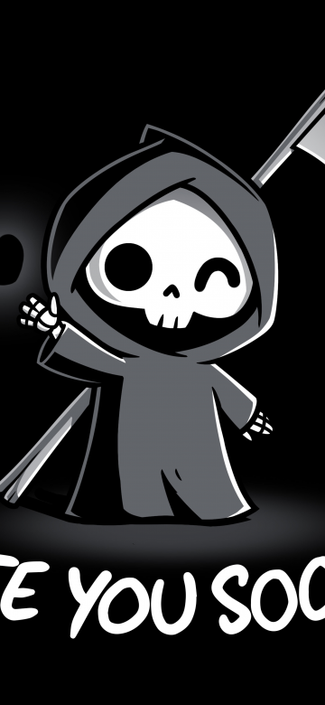 See you soon, Grim Reaper, Black heart, Black background, 5K, Cartoon, 8K