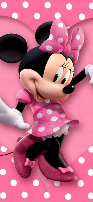 Minnie Mouse, Disney, Cartoon, Pink background, Polka dots, Pink Heart, Girly backgrounds