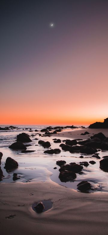 Rocky beach, Sunrise, Crescent Moon, Dawn