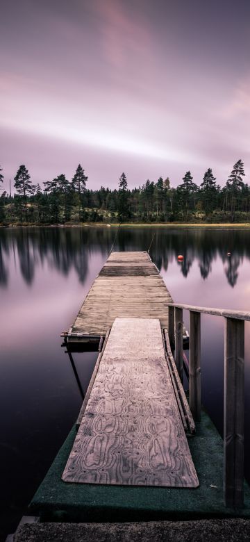 Dusk, Sunset, Evening, Long exposure, Wooden pier, Lake, Sweden, 5K