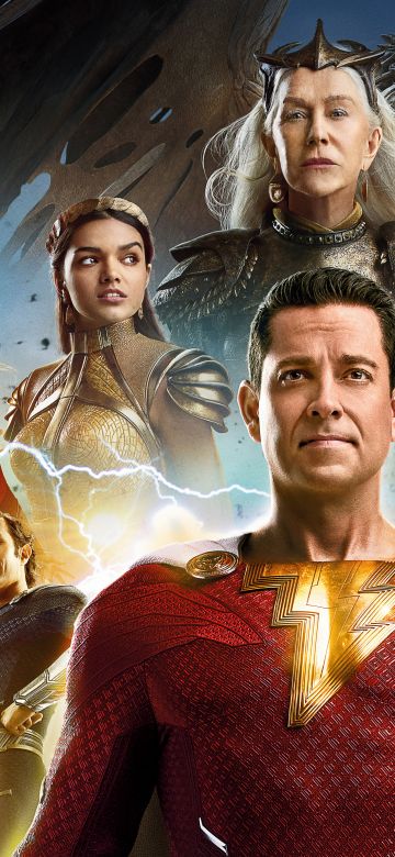 Shazam! Fury of the Gods, Movie poster, 2023 Movies, Helen Mirren, Djimon Hounsou, Lucy Liu, Adam Brody, Meagan Good, Rachel Zegler, Zachary Levi, Grace Caroline Currey, Ross Butler, 5K, 8K