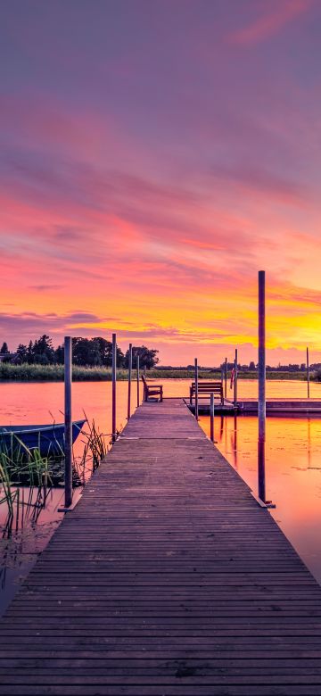 Sunset, Sweden, Lake, Twilight, Wooden jetty, Pier, Tranquility, 5K